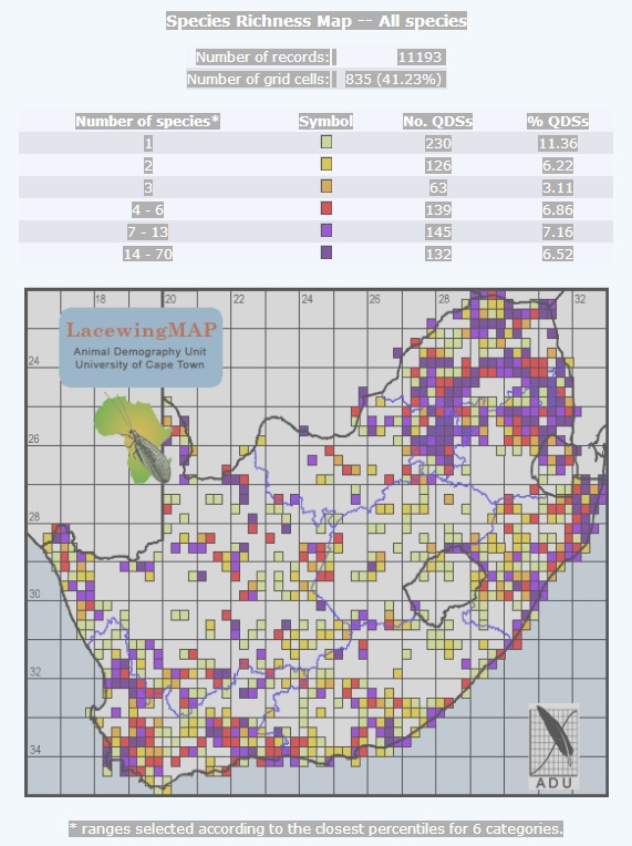 Fig 5. LacewingMAP species richness in South Africa, Lesotho and Swaziland per quarter degree grid cell, on 31 March 2019. The species richness is grouped into six classes, with the cutpoints chosen so that, as close as possible with integer arithmetic, 1/6th of the grid cells have the same colour. There is at least one species recorded in 835 of the 2,025 grid cells in the three countries (41.2%).