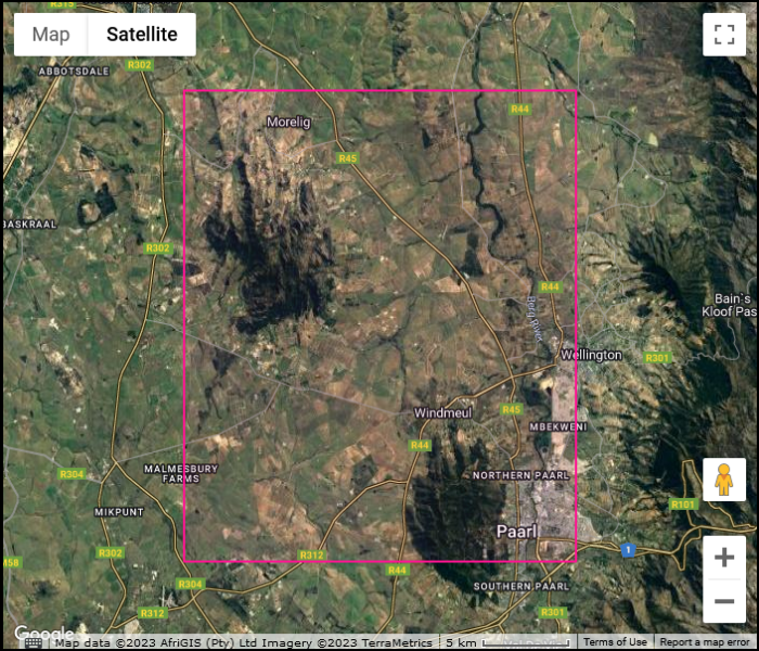 Google map showing the location of the Paardeberg in quarter degree grid cell Paark 3318DB