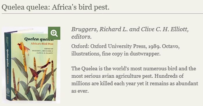 Cover to Arica's bird pest. Book by Clive Elliott. Red-billed Quelea